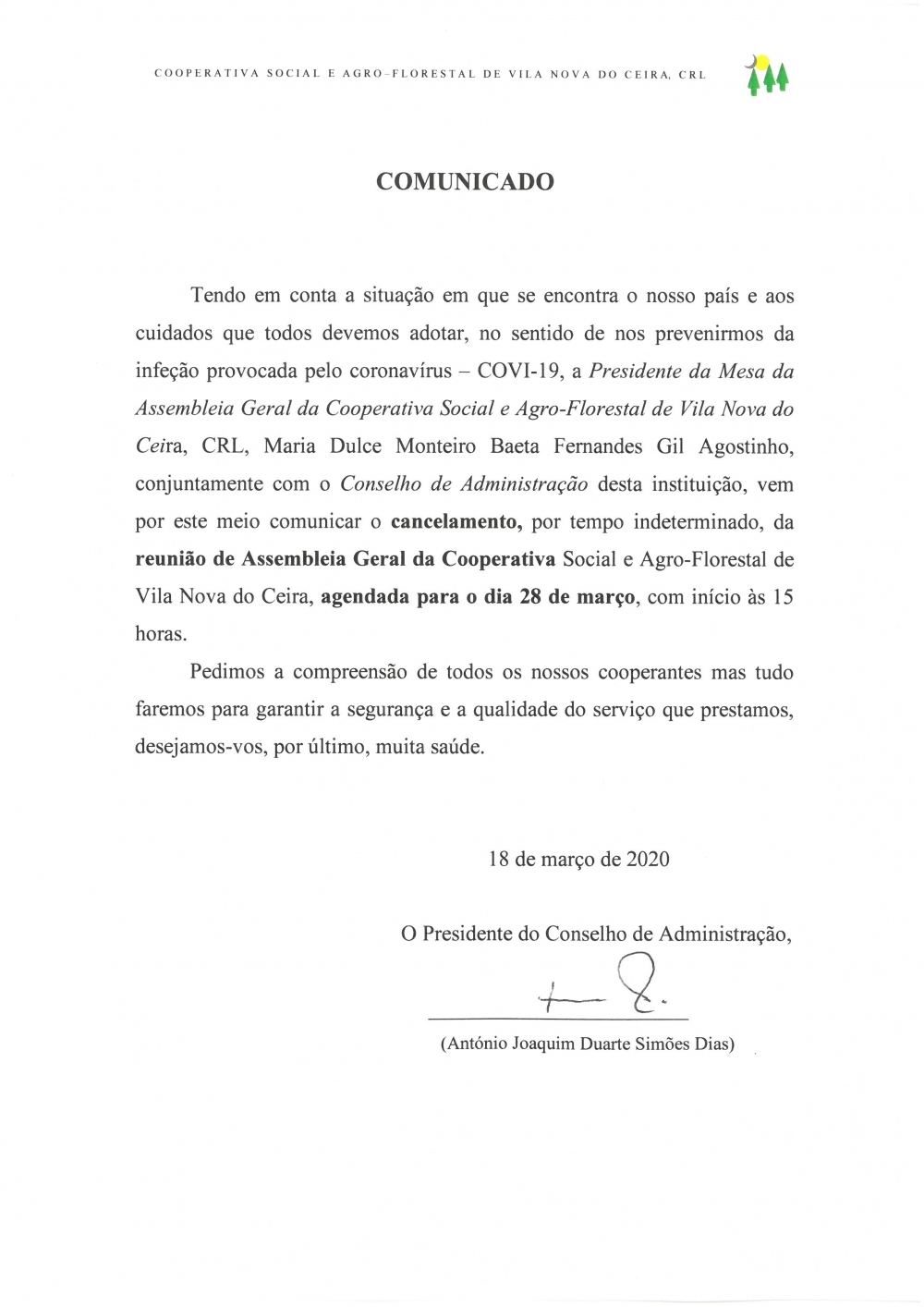 COMUNICADO 1 / 2020 - CANCELAMENTO ASSEMBLEIA GERAL - 28 de MARÇO de 2020 - www.coopvnc.pt